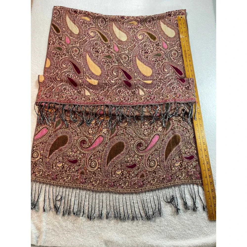 Boho Paisley Pashmina Shawl Scarf Burgundy Pink Gold Fringe Wrap 28x76